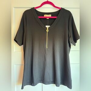 Michael Kors Black Short Sleeve Top with Gold Zipper